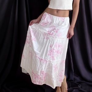 White Cotton Maxi Skirt with Pink Embroidered Roses Size Small